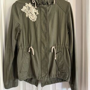 Olive Utility Jacket with Lace Appliqué